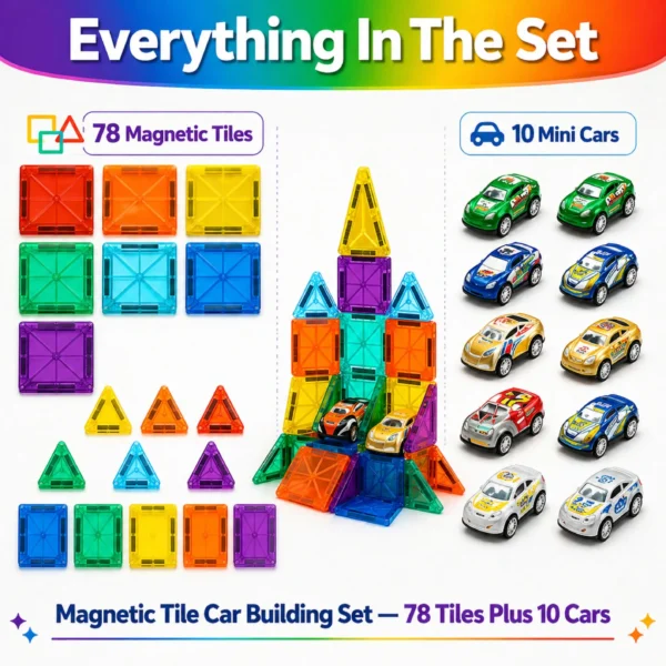 Magnetic Tile Car Building Set - 88 pieces
